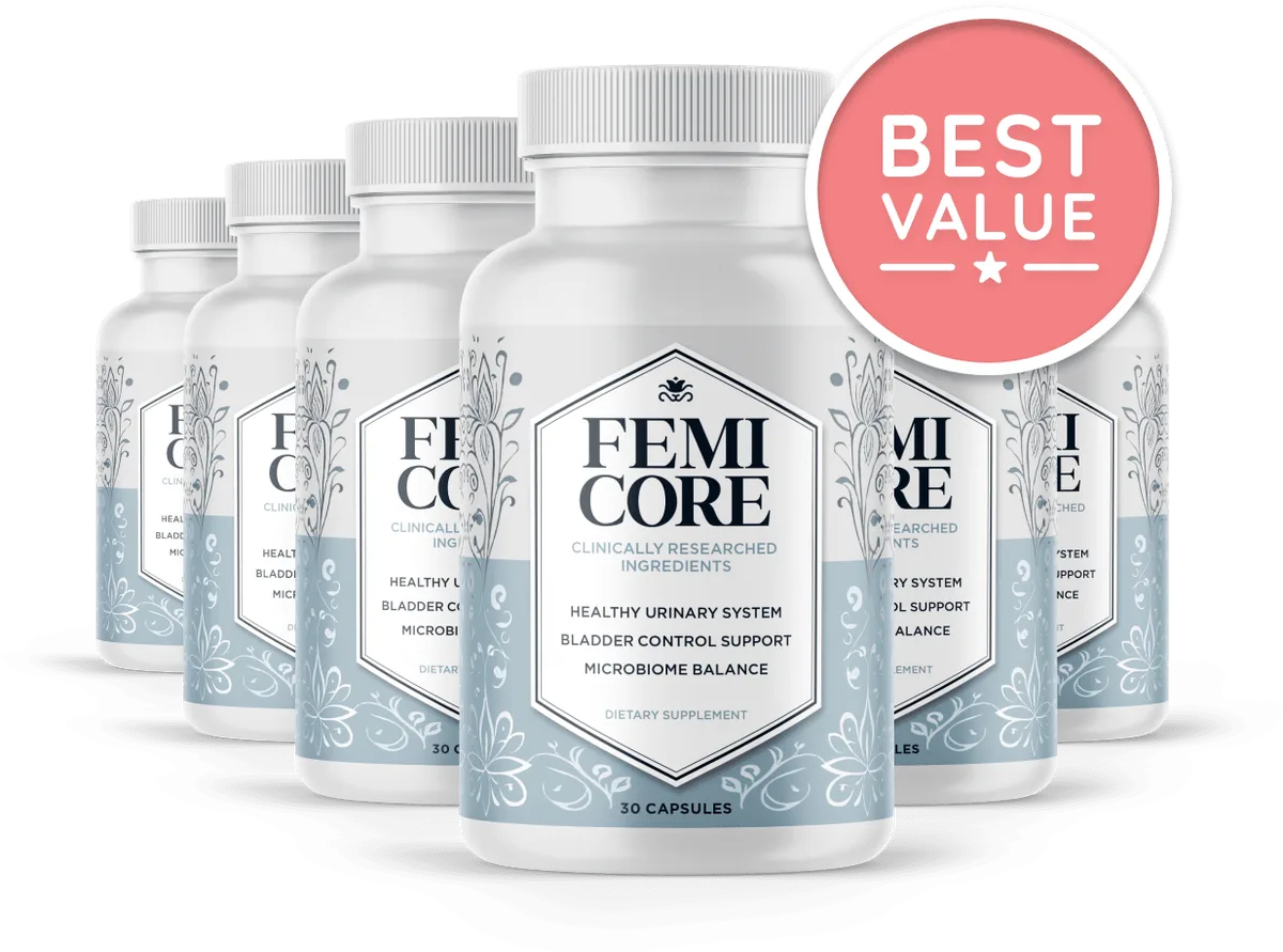 Six bottles of FemiCore bladder support capsules